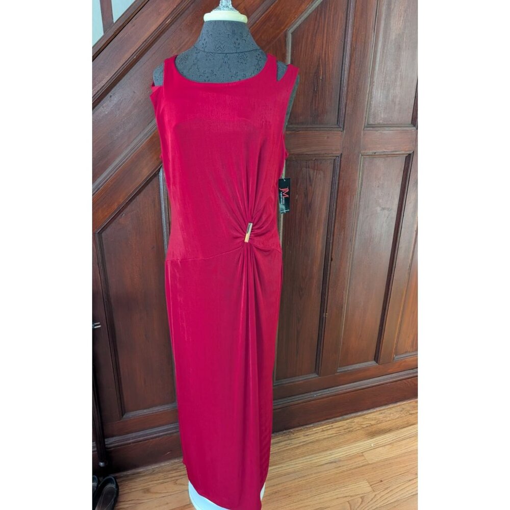 Red Sleeveless Long Dress With Side Knot Detail & Gold Accent By JM Studio Size